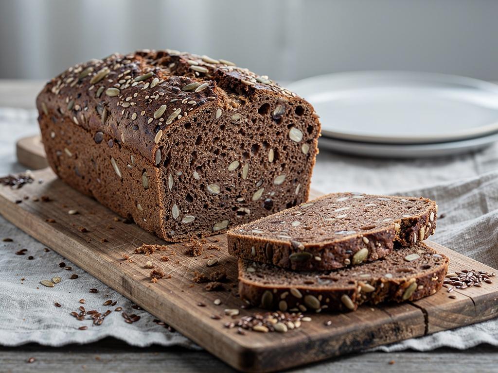 Skåret hjemmebagt rugbrød med hele kerner på et skærebræt