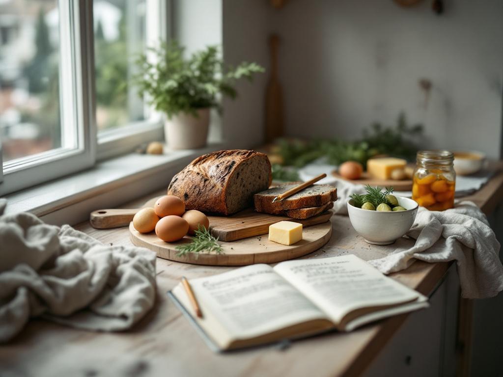 Køkkenbord i dagslys med rugbrød, æg, smør, dild og en åben opskriftsbog