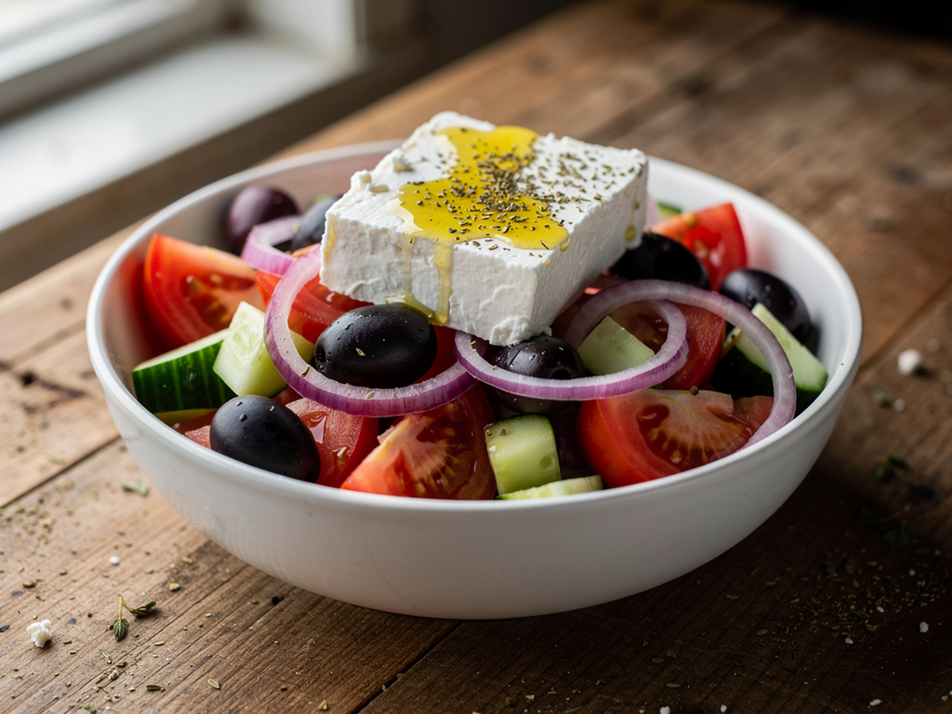 Græsk salat med tomat, agurk, rødløg, oliven og feta i en skål