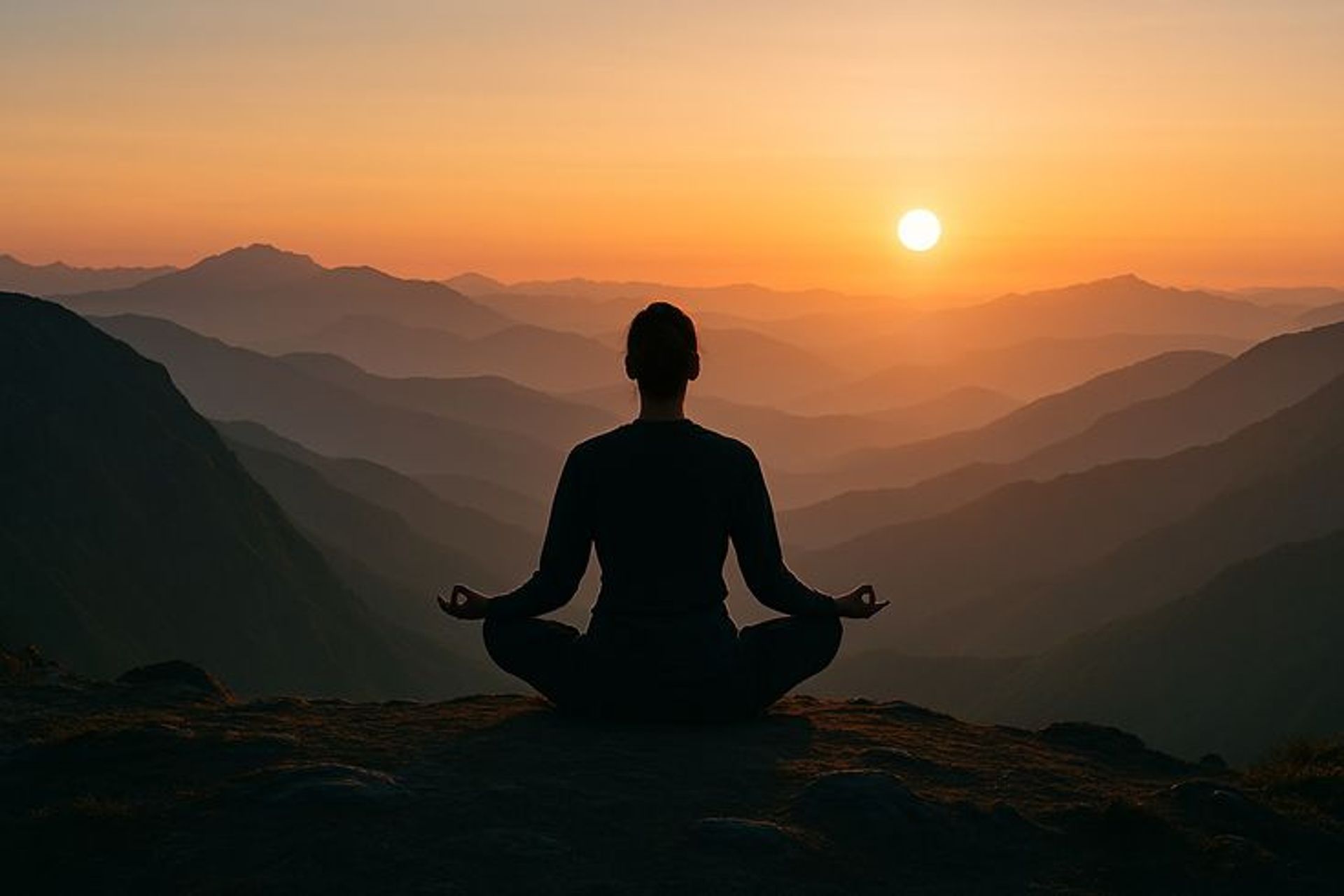 Woman meditating at sunset