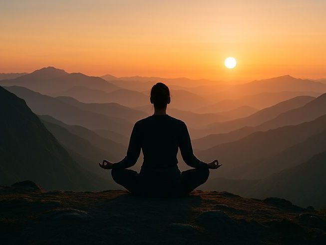 Woman meditating at sunset