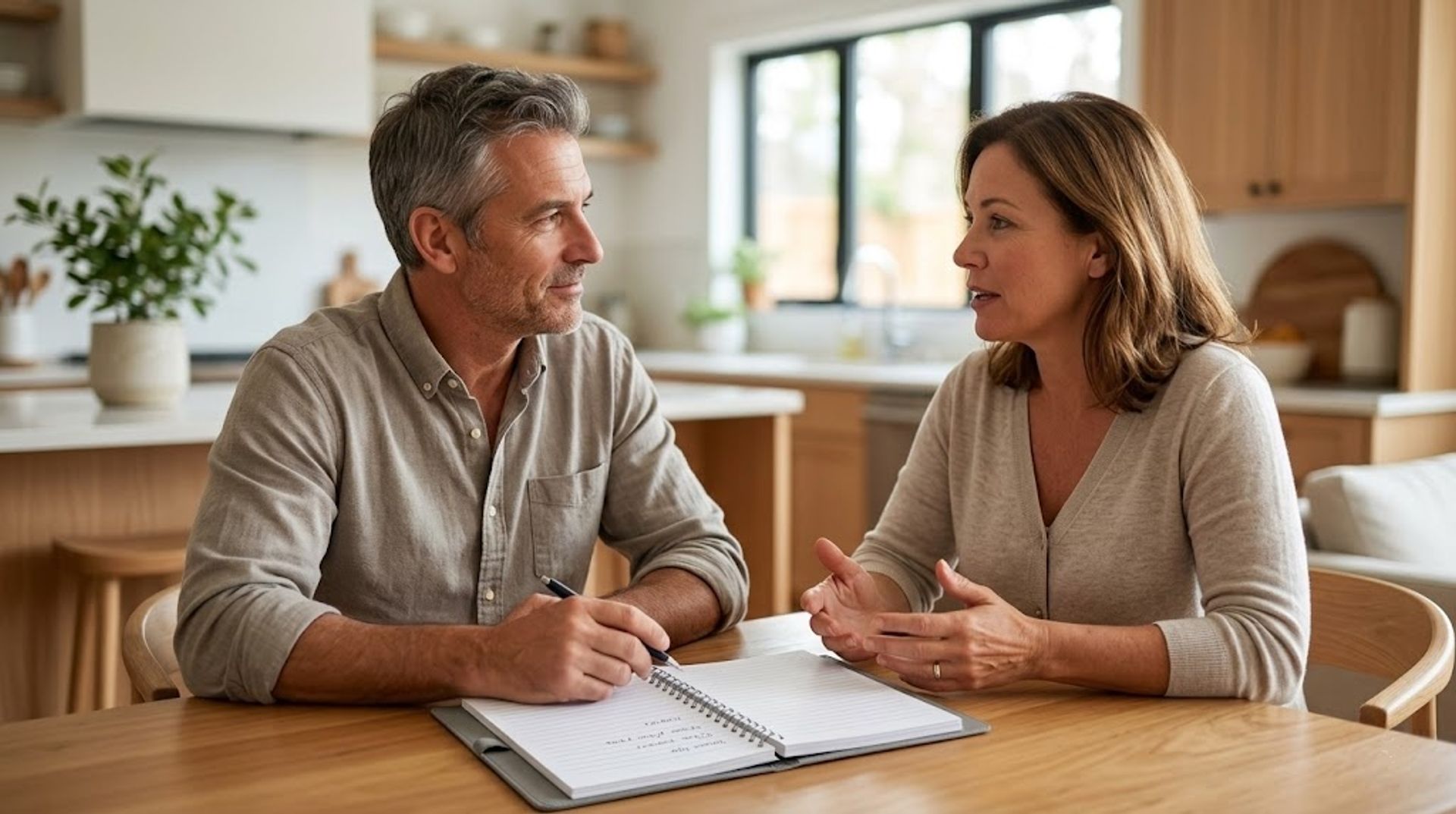 Coach and client reviewing progress together at a kitchen table