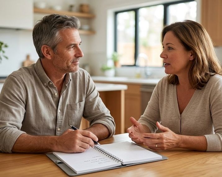 Coach and client reviewing progress together at a kitchen table