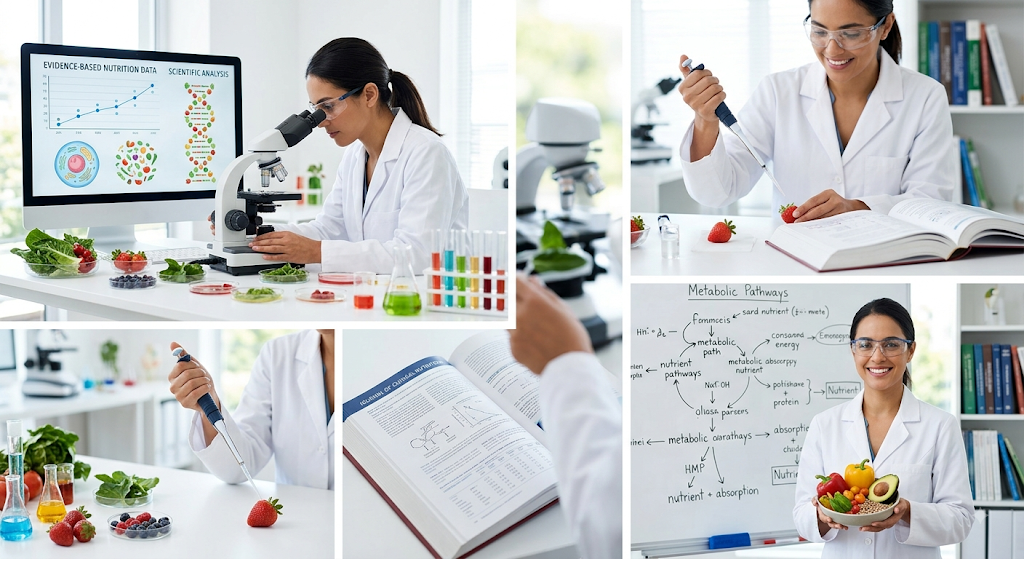 Nutrition scientist analyzing whole foods in a lab setting