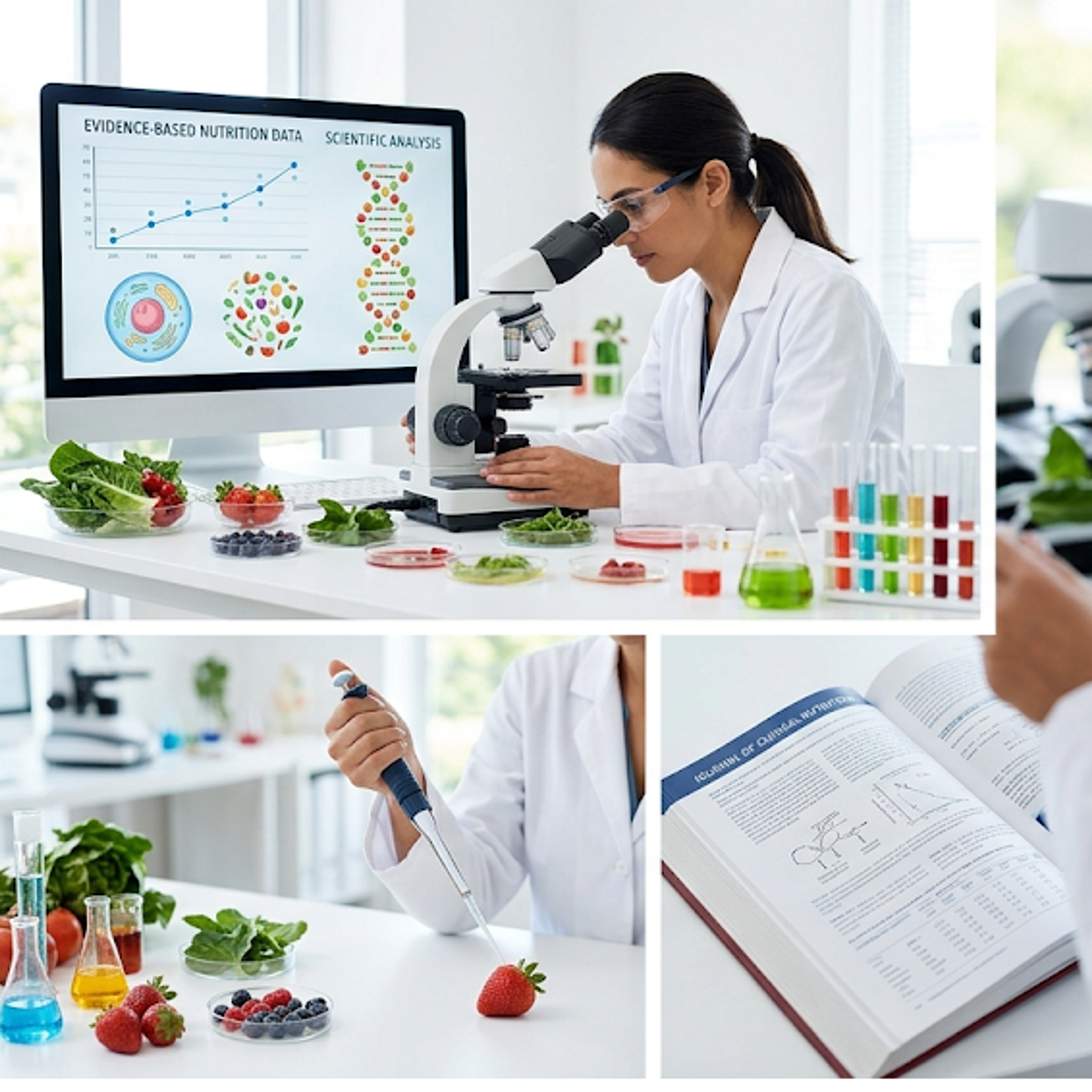 Nutrition scientist analyzing whole foods in a lab setting