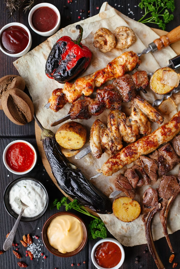 Grilled meat and vegetables