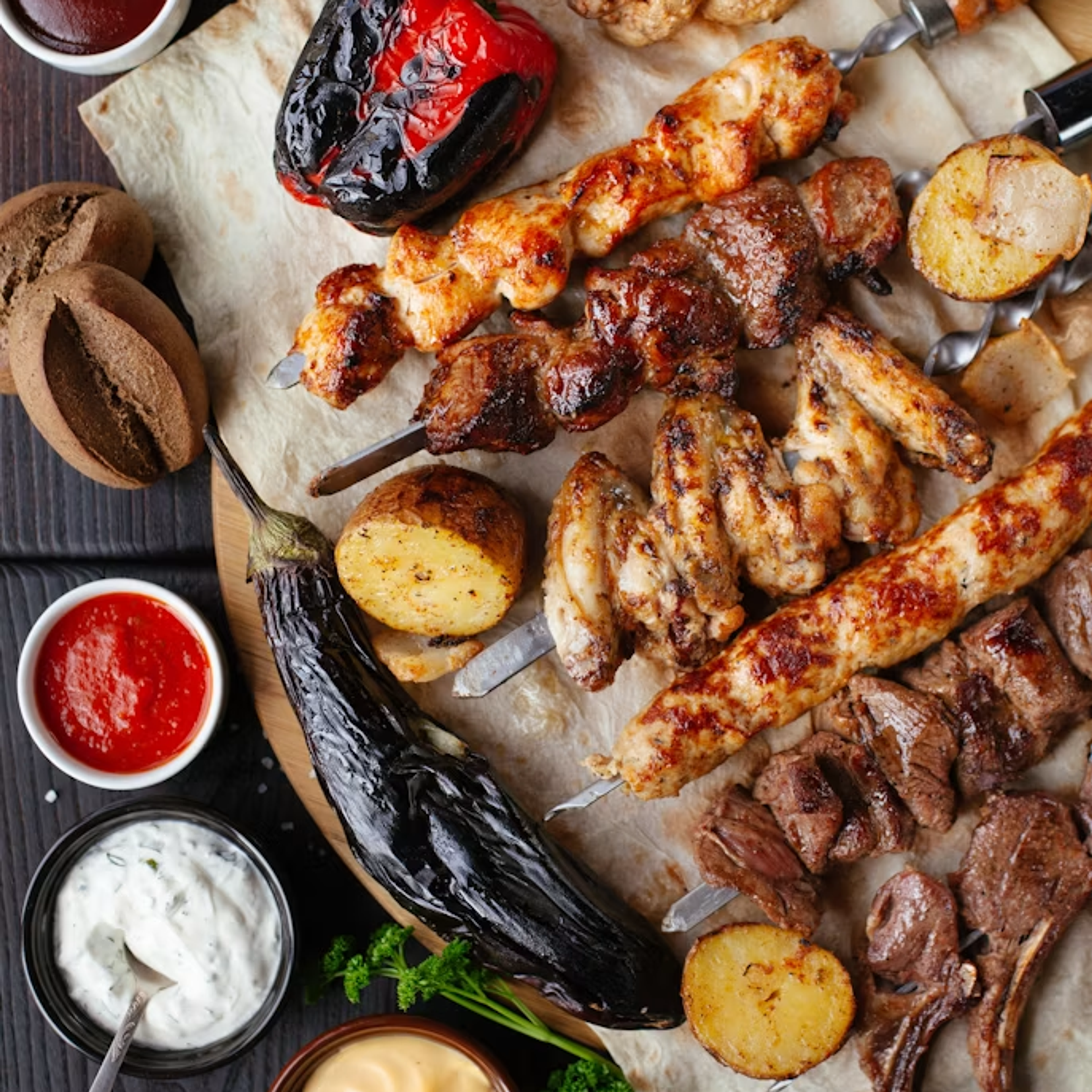 Grilled meat and vegetables