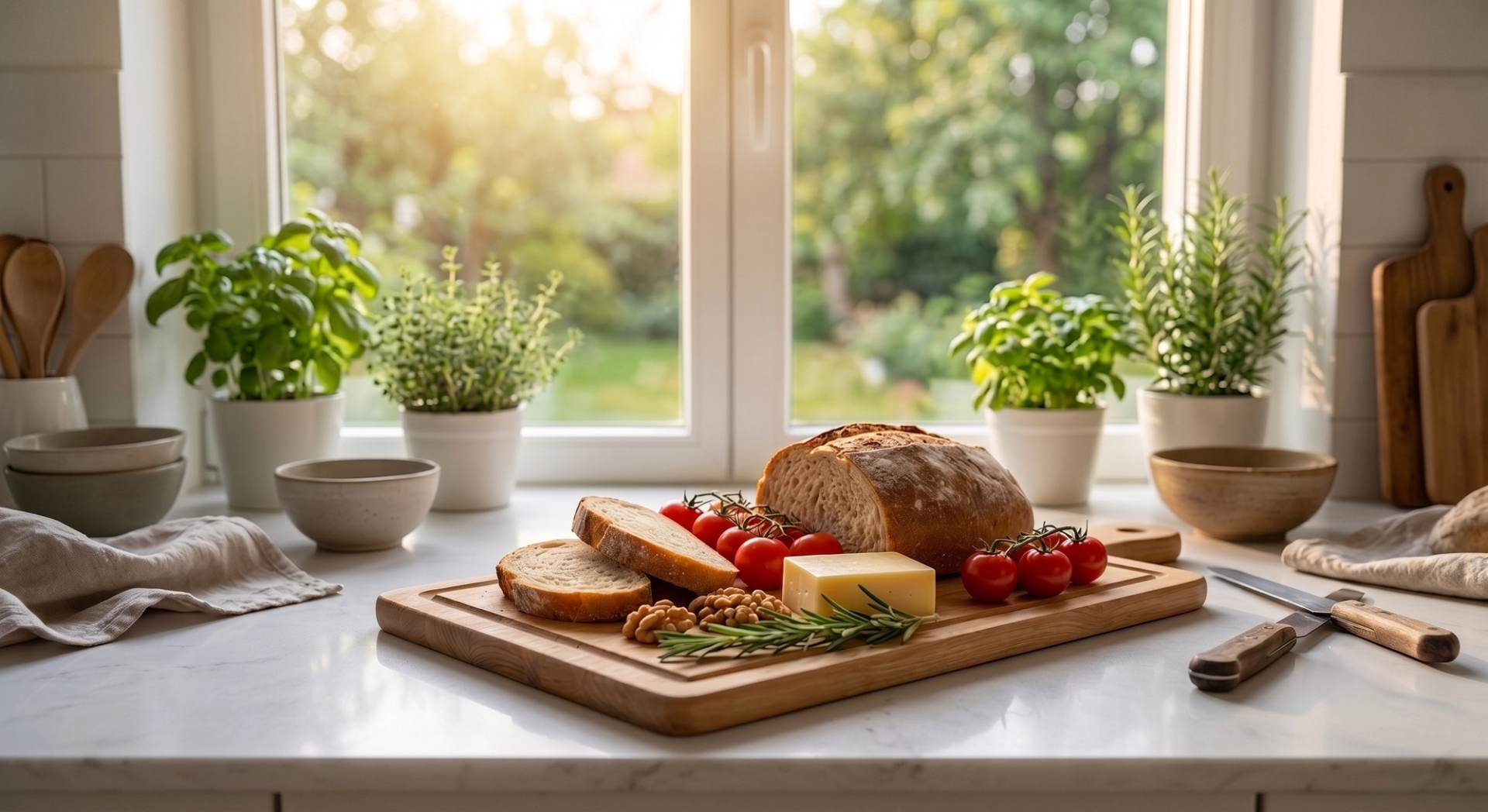 Fresh-baked bread, cheese, and tomatoes on a wooden board — whole-food, balanced nourishment