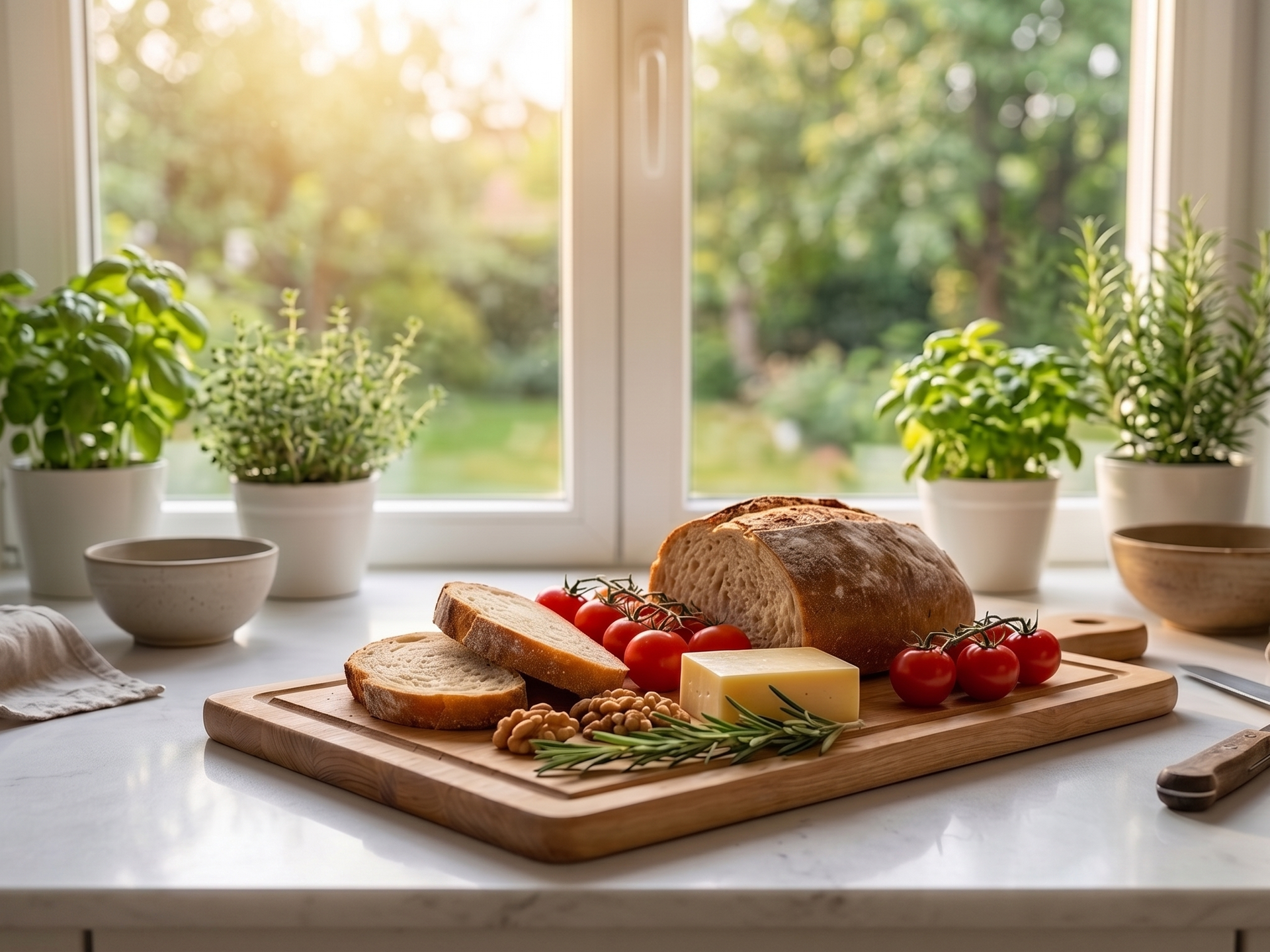 Fresh-baked bread, cheese, and tomatoes on a wooden board — whole-food, balanced nourishment