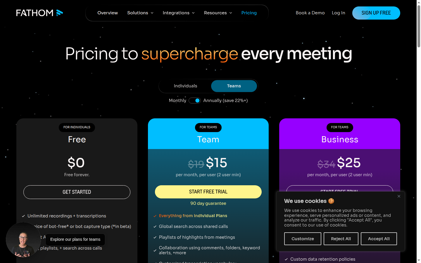 Fathom pricing page showing free unlimited plan versus paid tiers