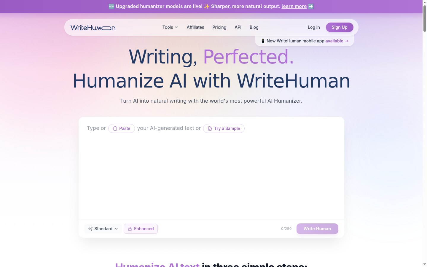 WriteHuman homepage showing the AI text humanizer interface