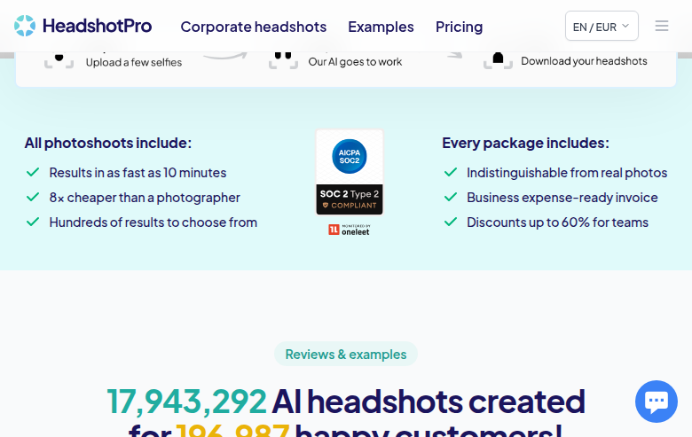 HeadshotPro homepage — 17.9M headshots created for 196K customers, SOC 2 compliant, 8x cheaper than a photographer