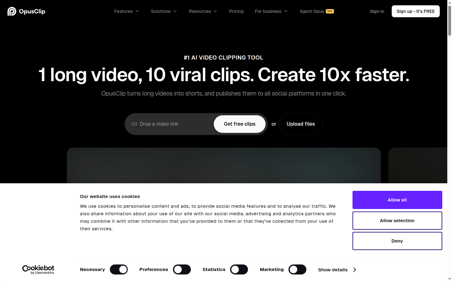 Opus Clip homepage showing the AI video repurposing interface and clip ranking