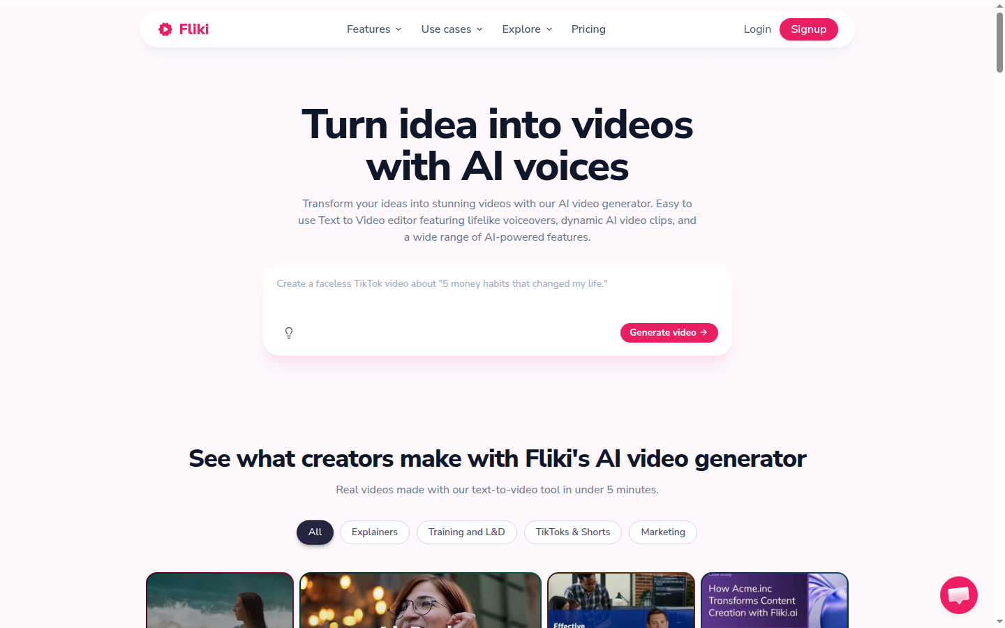 Fliki AI voice generator page showing 2000+ voices across 75 languages