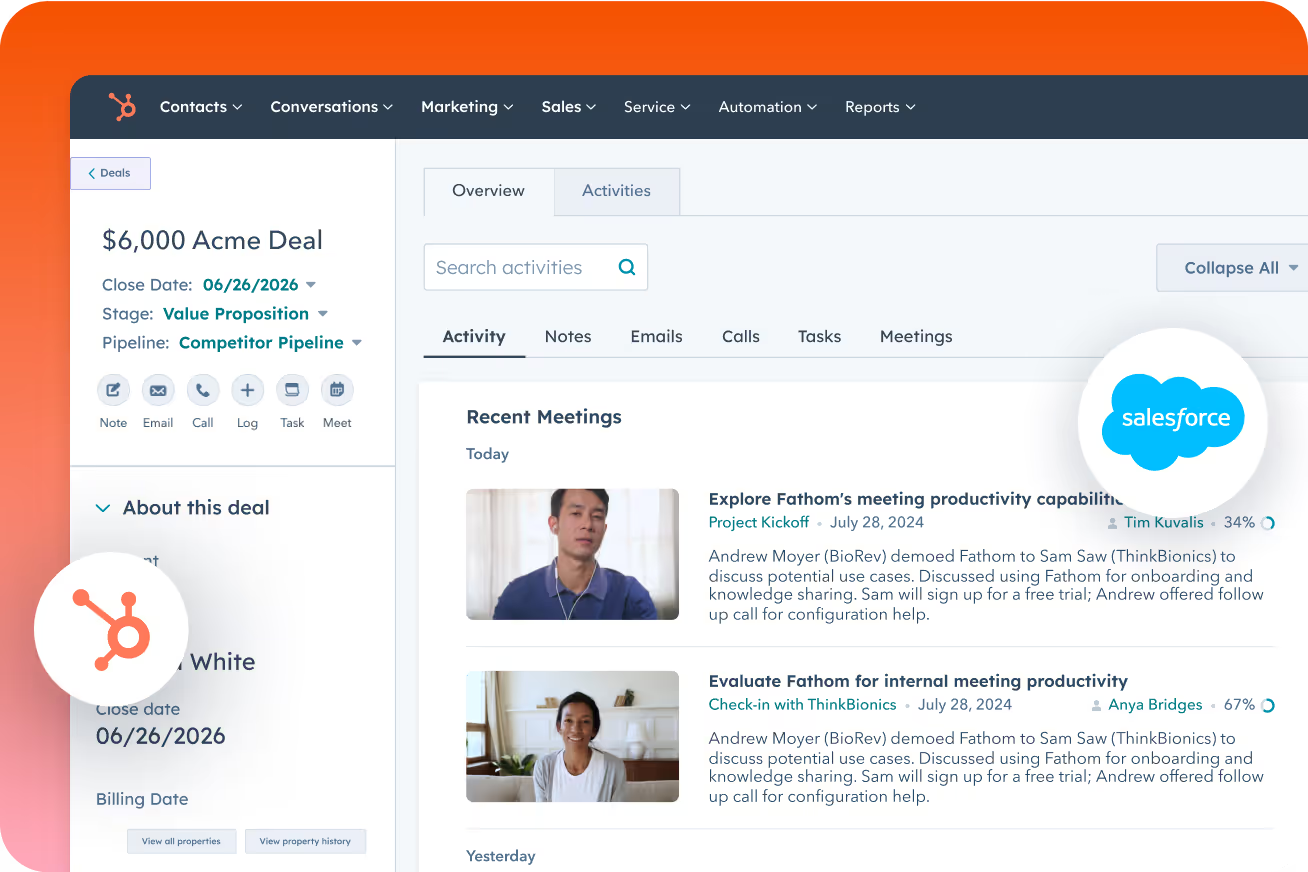 Fathom CRM sync showing HubSpot deal view with meeting summary panel