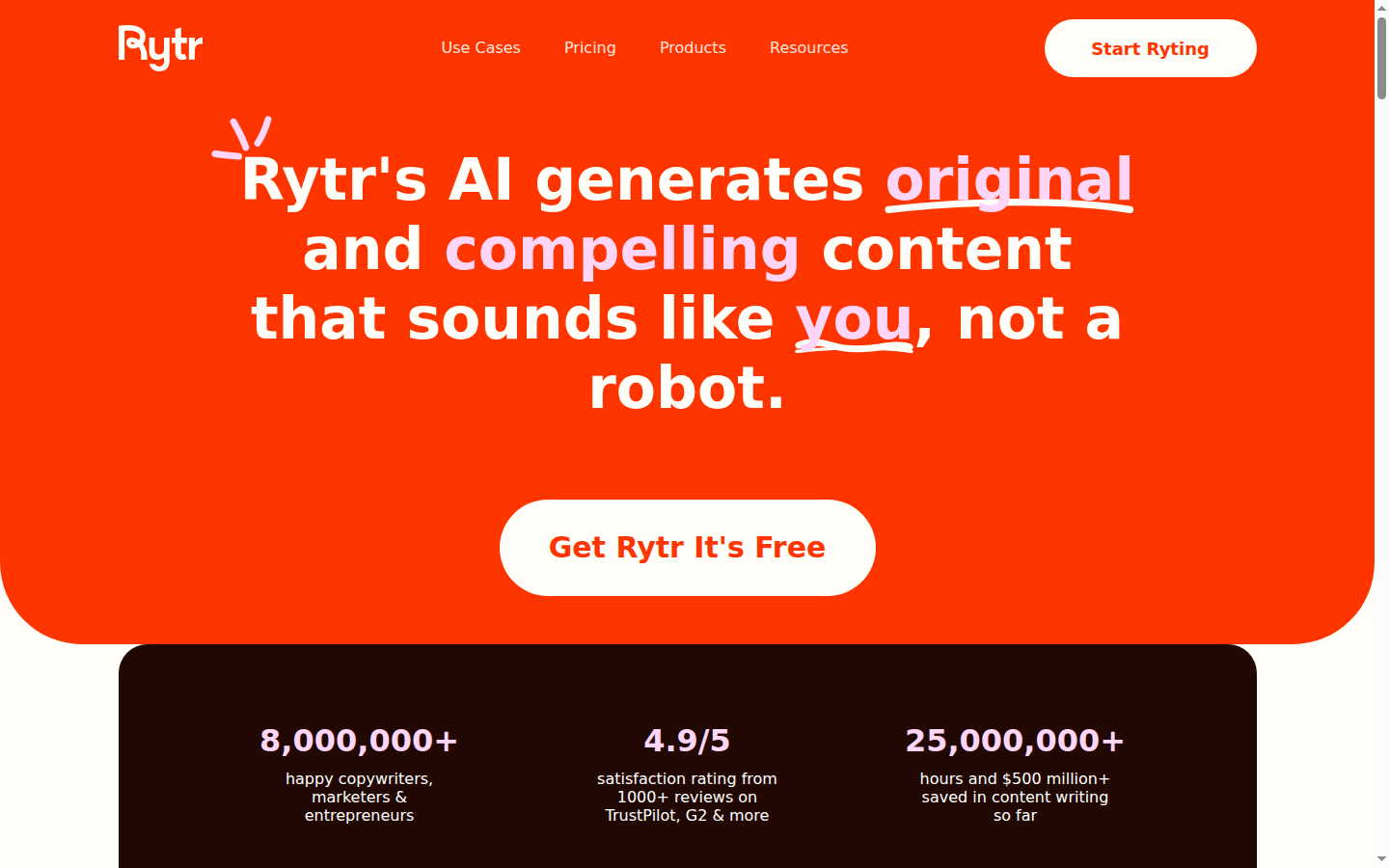Rytr homepage showing the AI writing assistant interface with use case templates