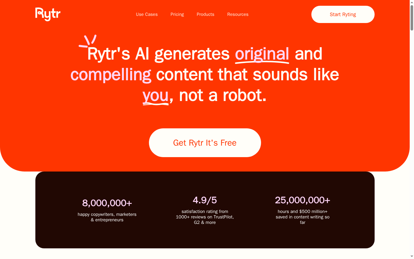 Rytr AI writing assistant homepage showing the editor and use-case templates