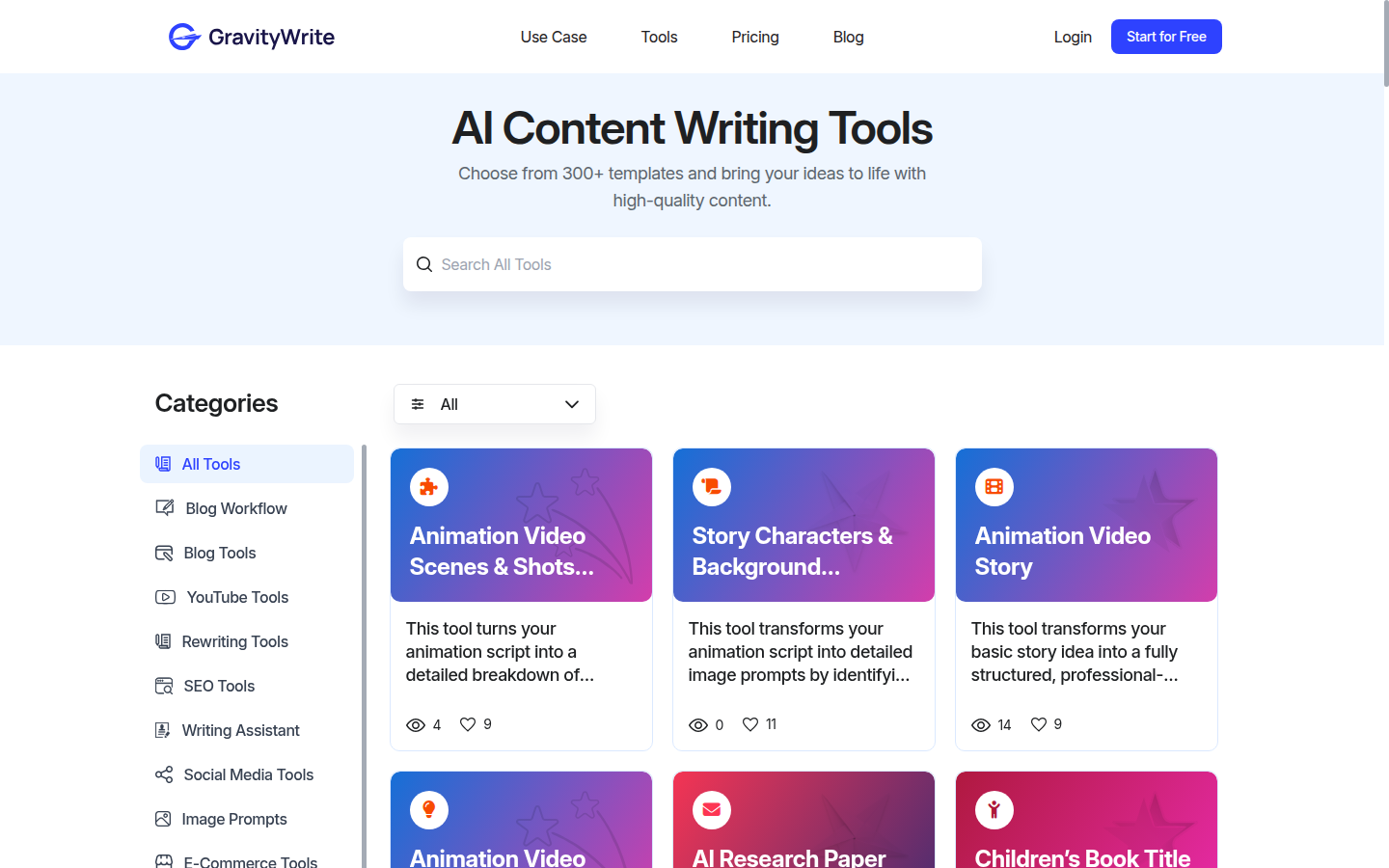GravityWrite logged-in app dashboard showing the tool catalog and recent generations