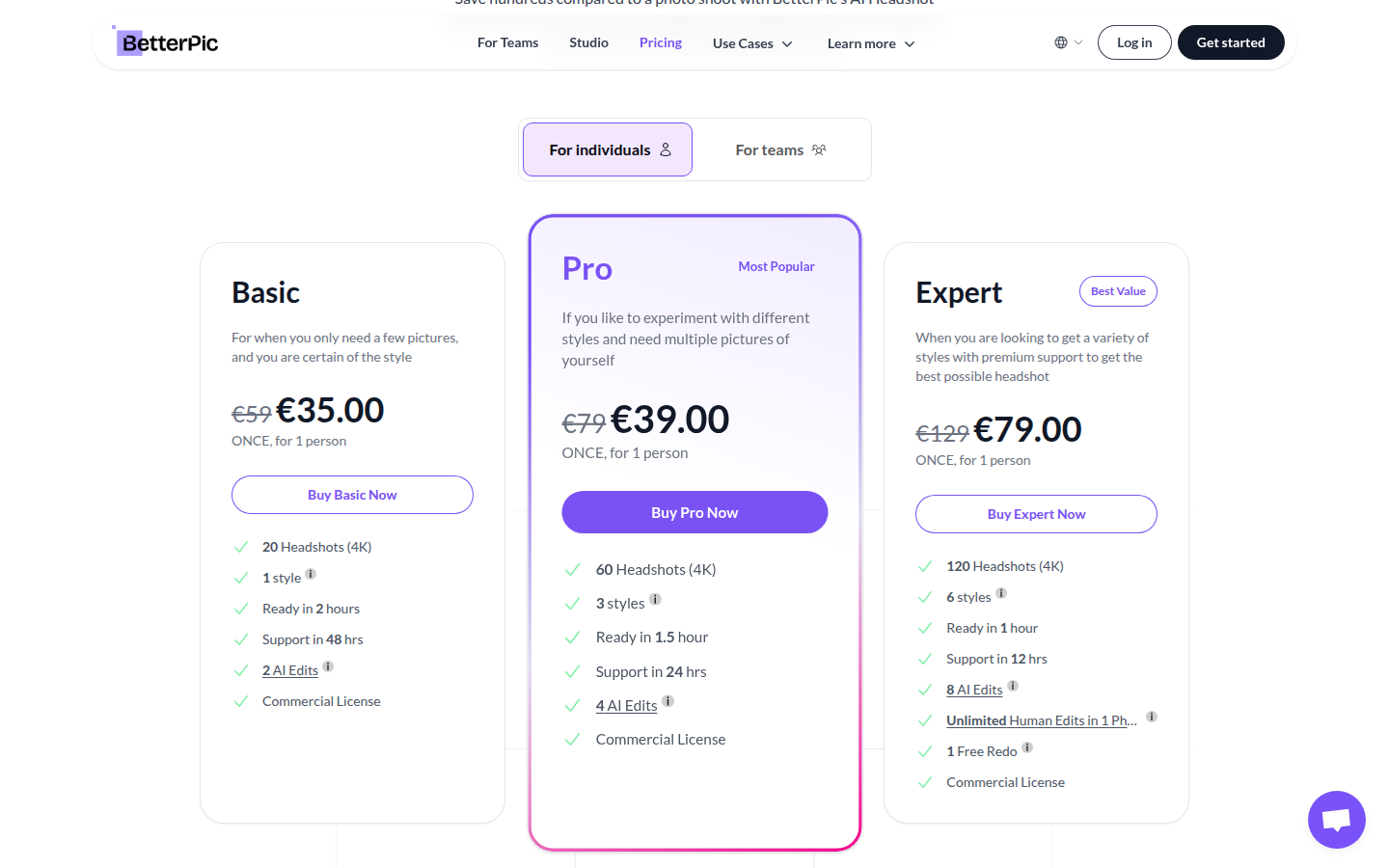BetterPic pricing — Basic €35, Pro €39, Expert €79 one-time plans