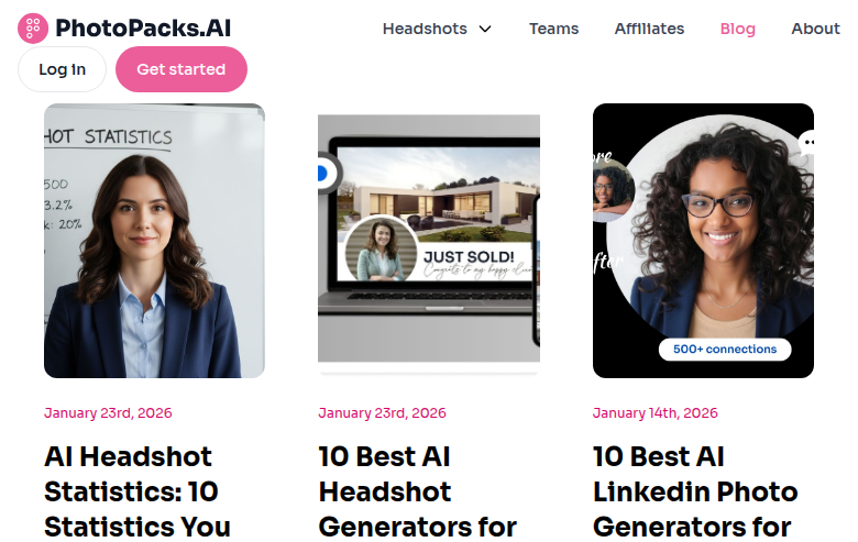 PhotoPacks.AI blog — articles on AI headshot statistics, best generators, and LinkedIn photo guides