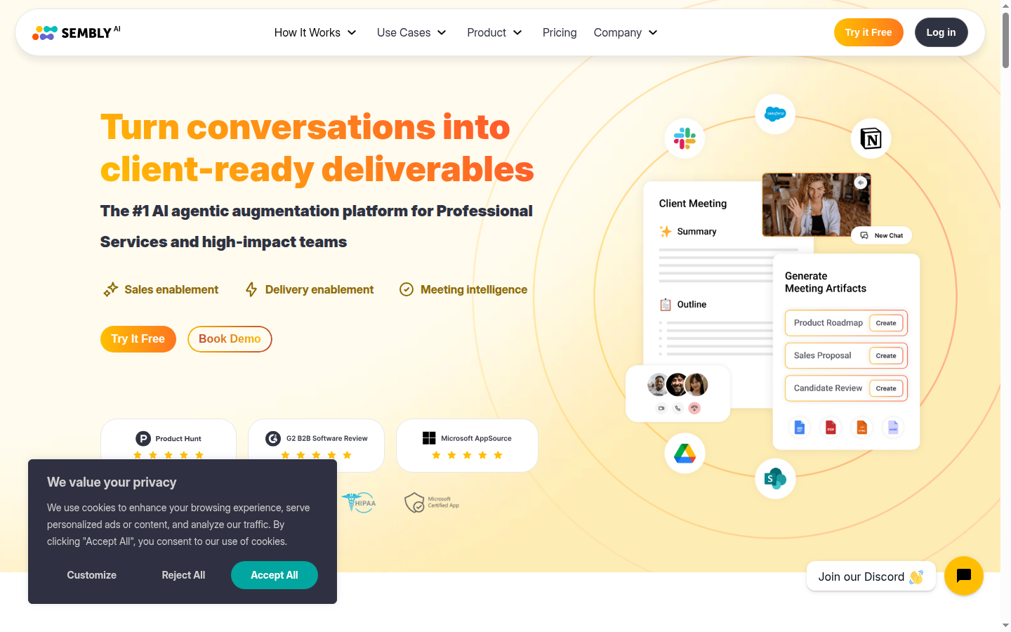 Sembly AI homepage showcasing AI Artifacts and meeting intelligence platform