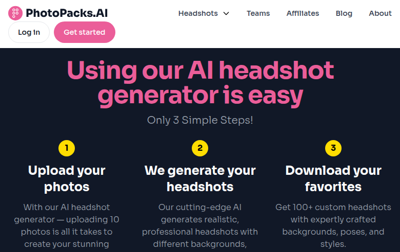 PhotoPacks.AI homepage — 3-step process: upload photos, AI generates headshots, download 100+ favorites