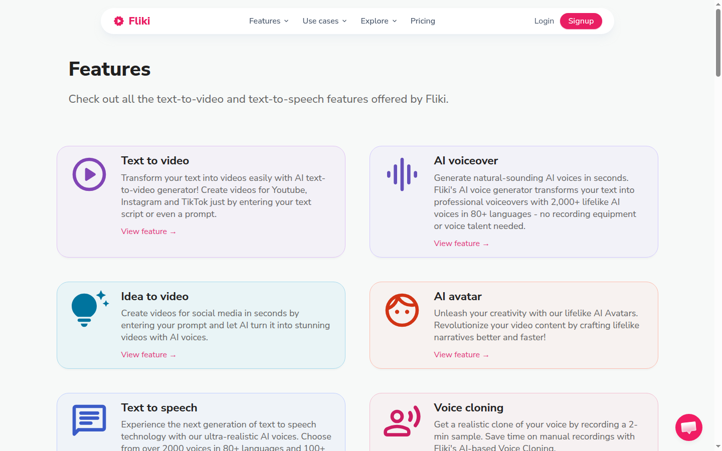 Fliki features page showing text-to-video and voice capabilities