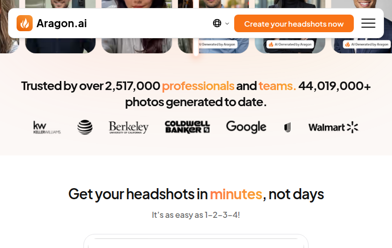 Aragon AI homepage — 2.5M professionals trust it, 44M+ photos generated