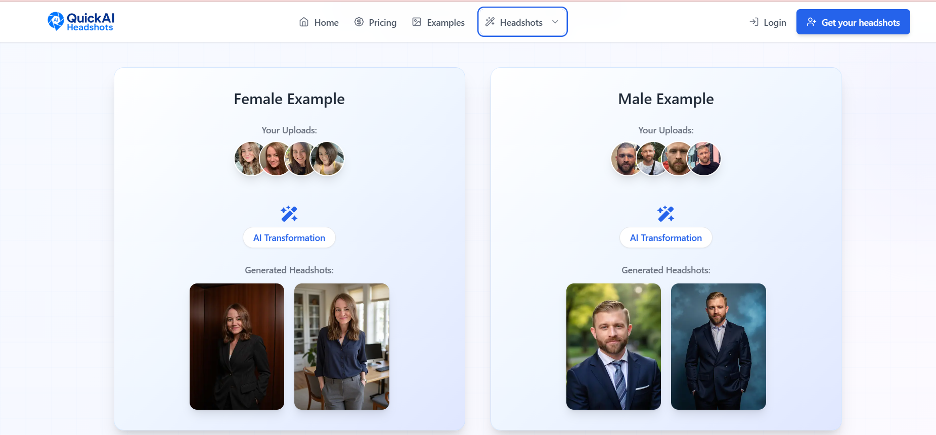 Quick AI Headshots before/after — uploaded selfies transformed into Female and Male professional headshots