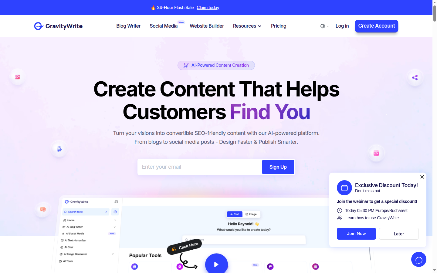 GravityWrite homepage showing the all-in-one AI suite landing page