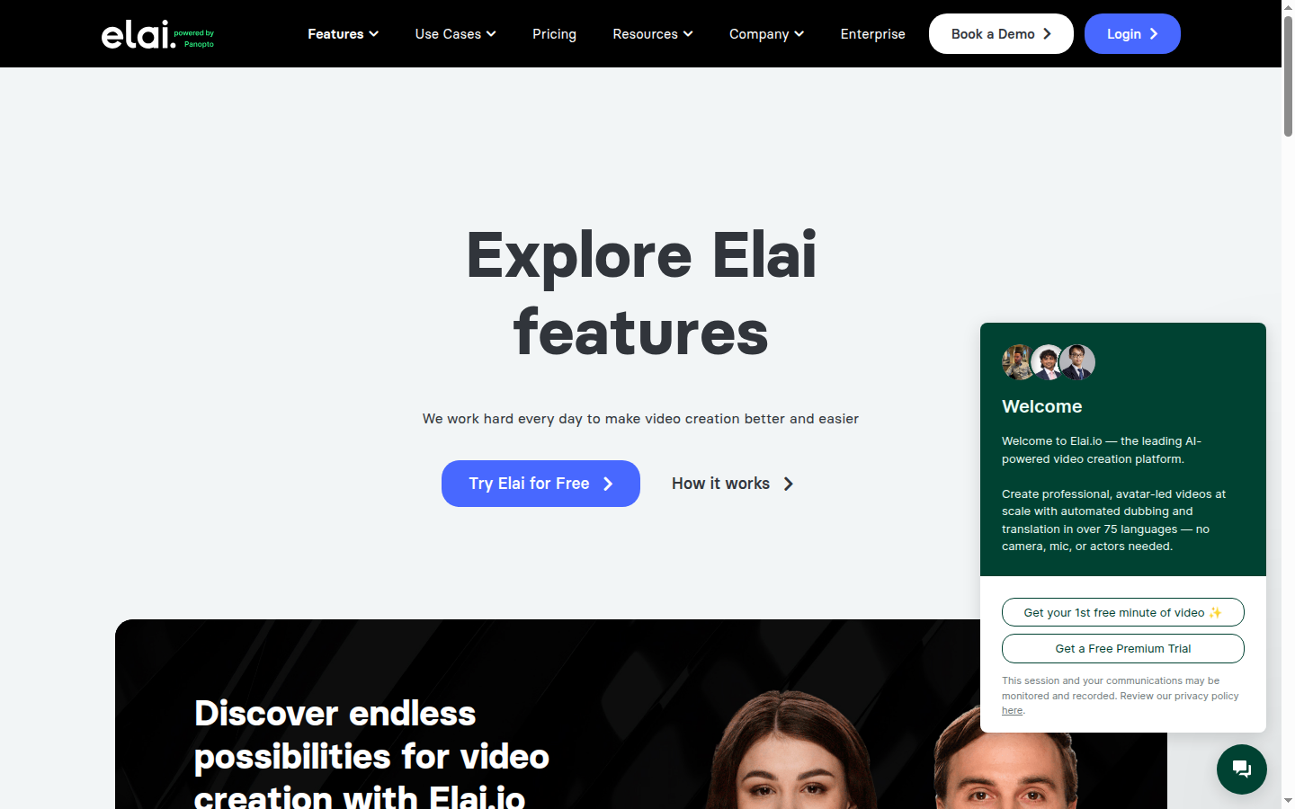 Elai features page showing video creation capabilities
