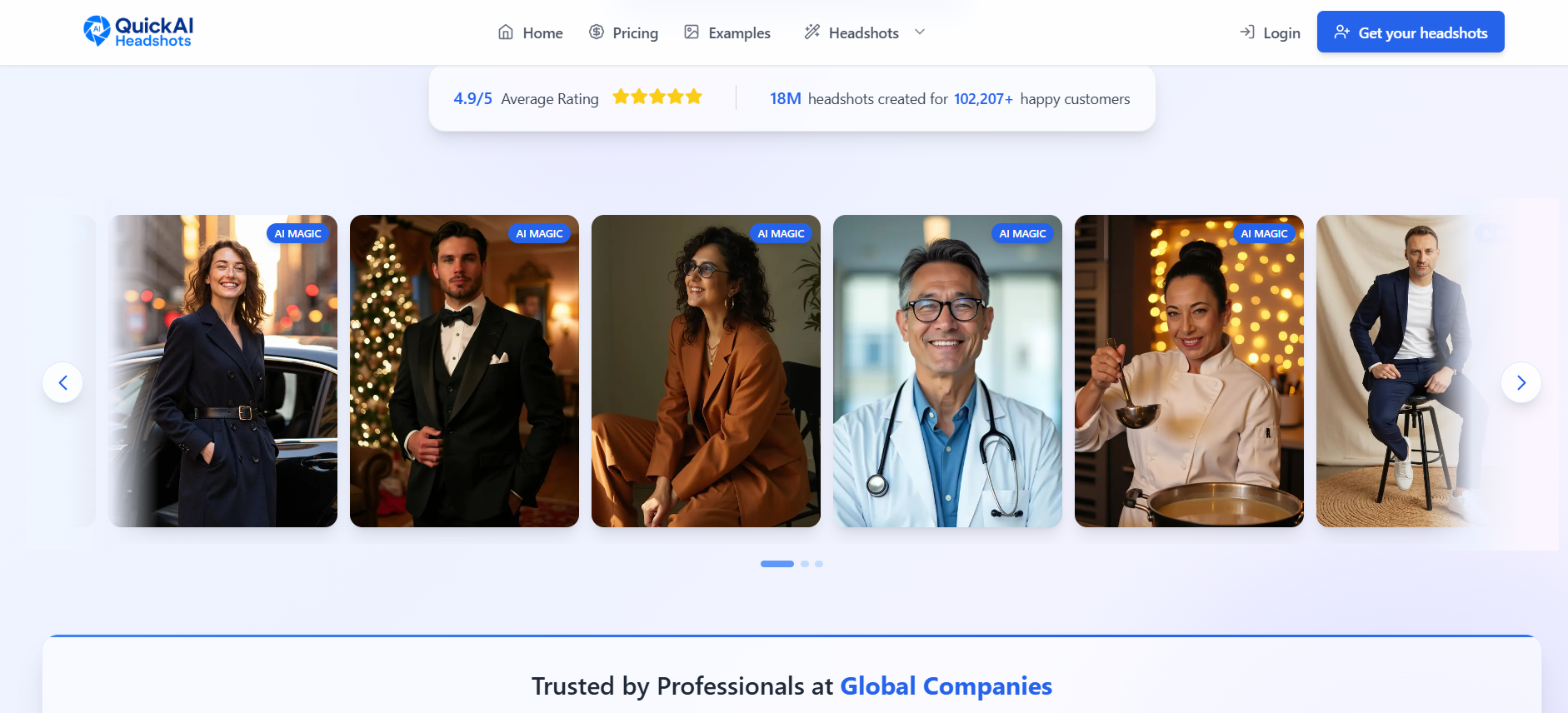 Quick AI Headshots — 4.9/5 average rating with 18M headshots created for 102,207+ customers