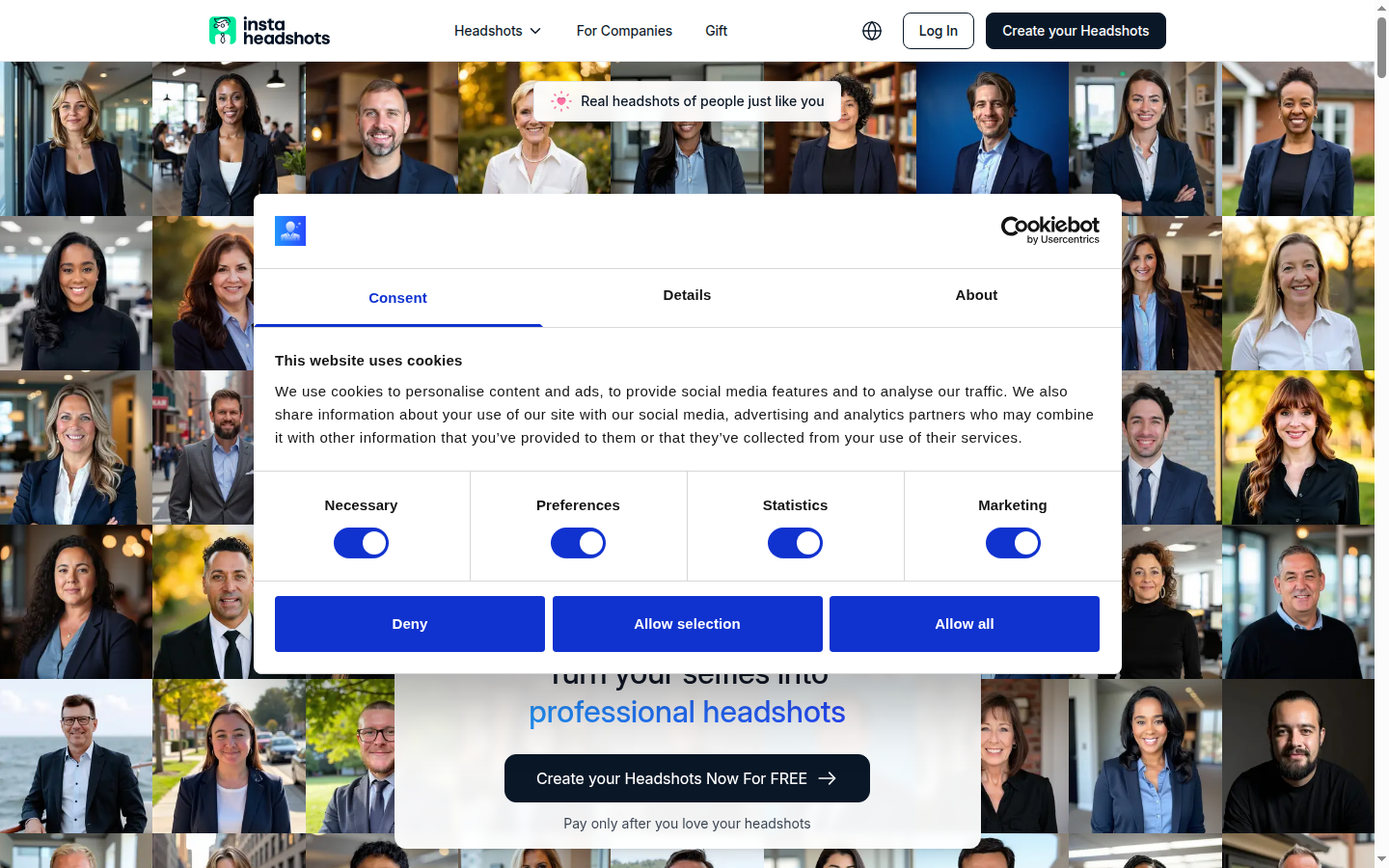 InstaHeadshots homepage screenshot
