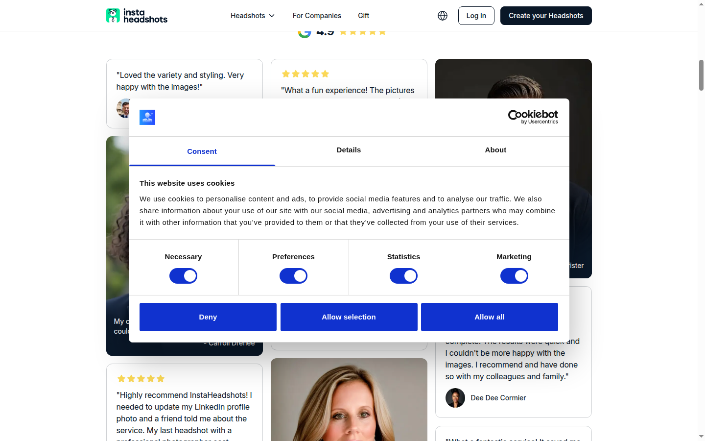 InstaHeadshots website showing AI-generated headshot examples and customer portraits below the fold