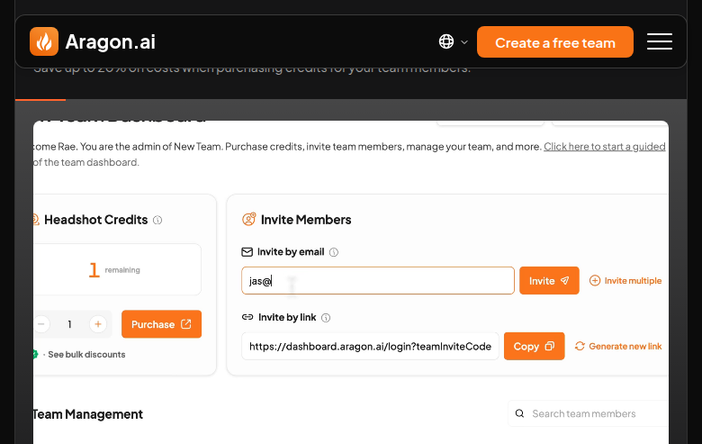 Aragon AI Teams dashboard — invite members by email or link, manage headshot credits, save 20% on bulk