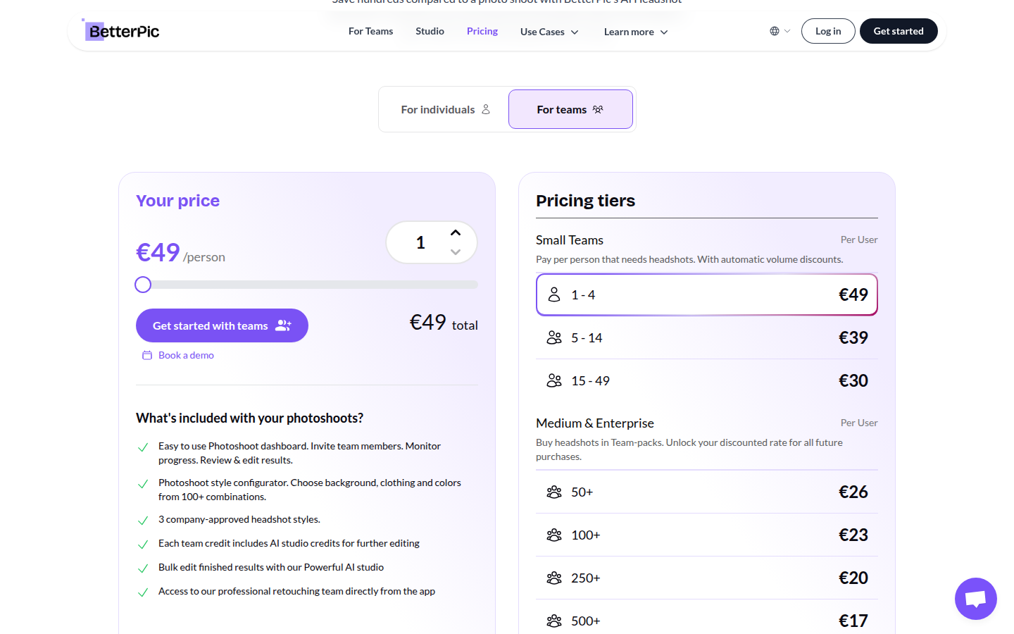 BetterPic for teams — volume pricing from €49 per person down to €17 for 500+ users