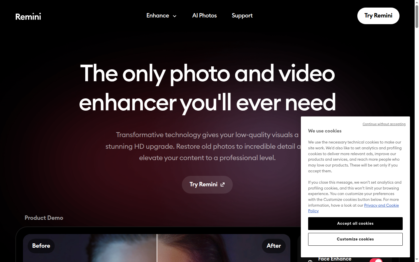Remini homepage screenshot