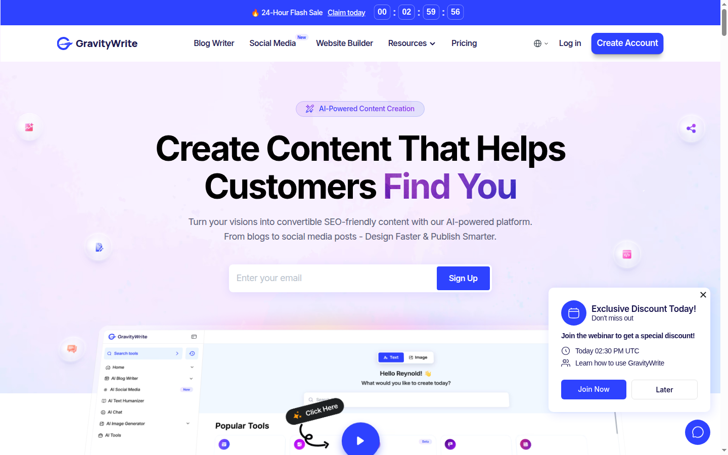 GravityWrite homepage showing the all-in-one AI content creation suite