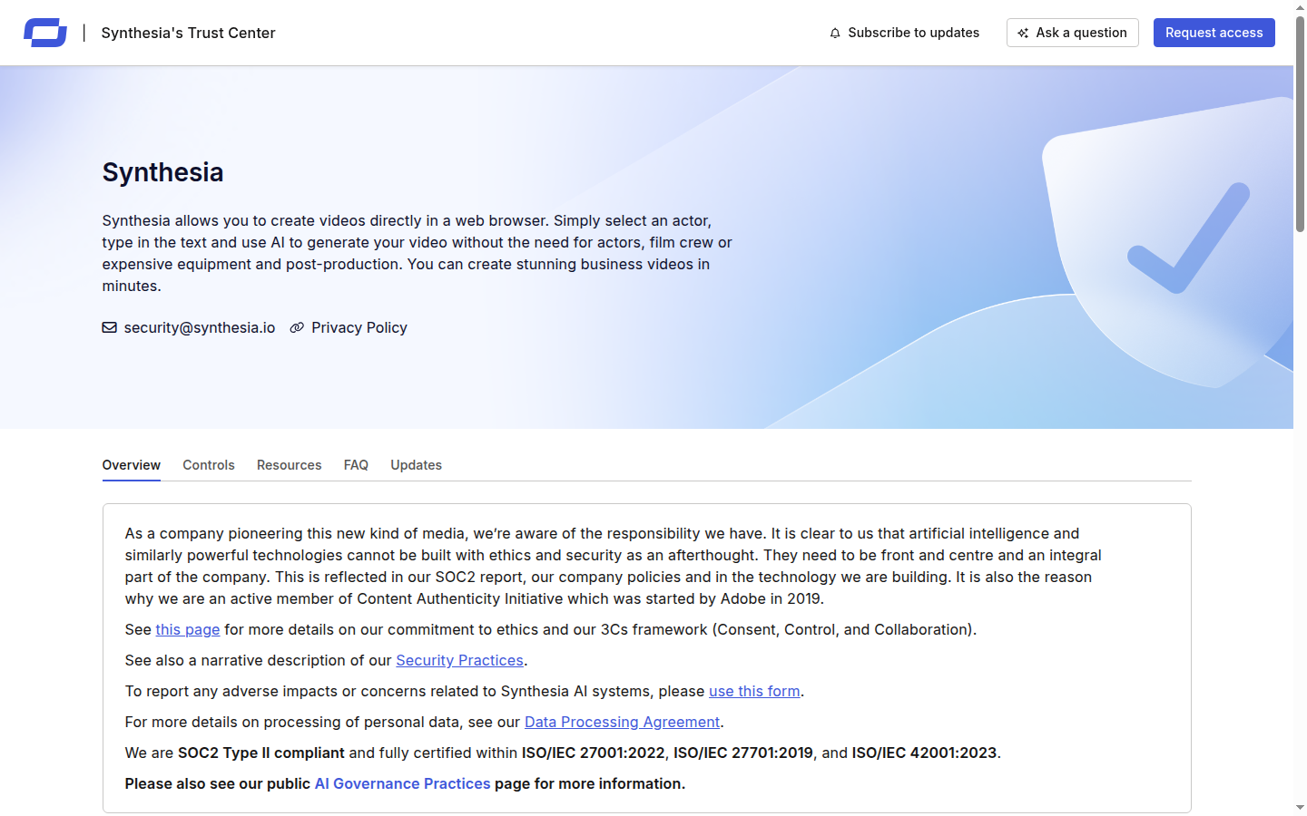 Synthesia security page showing compliance certifications and data policies