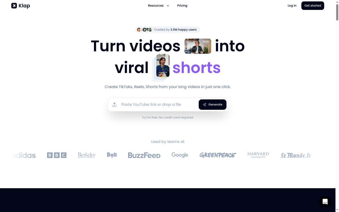 Klap AI video repurposing homepage showing the one-click clip extraction workflow