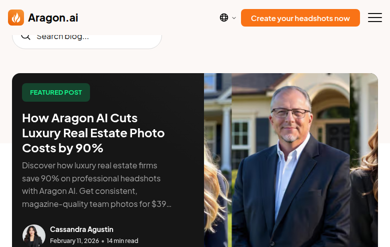 Aragon AI blog — featured post on cutting luxury real estate photo costs by 90% with AI headshots