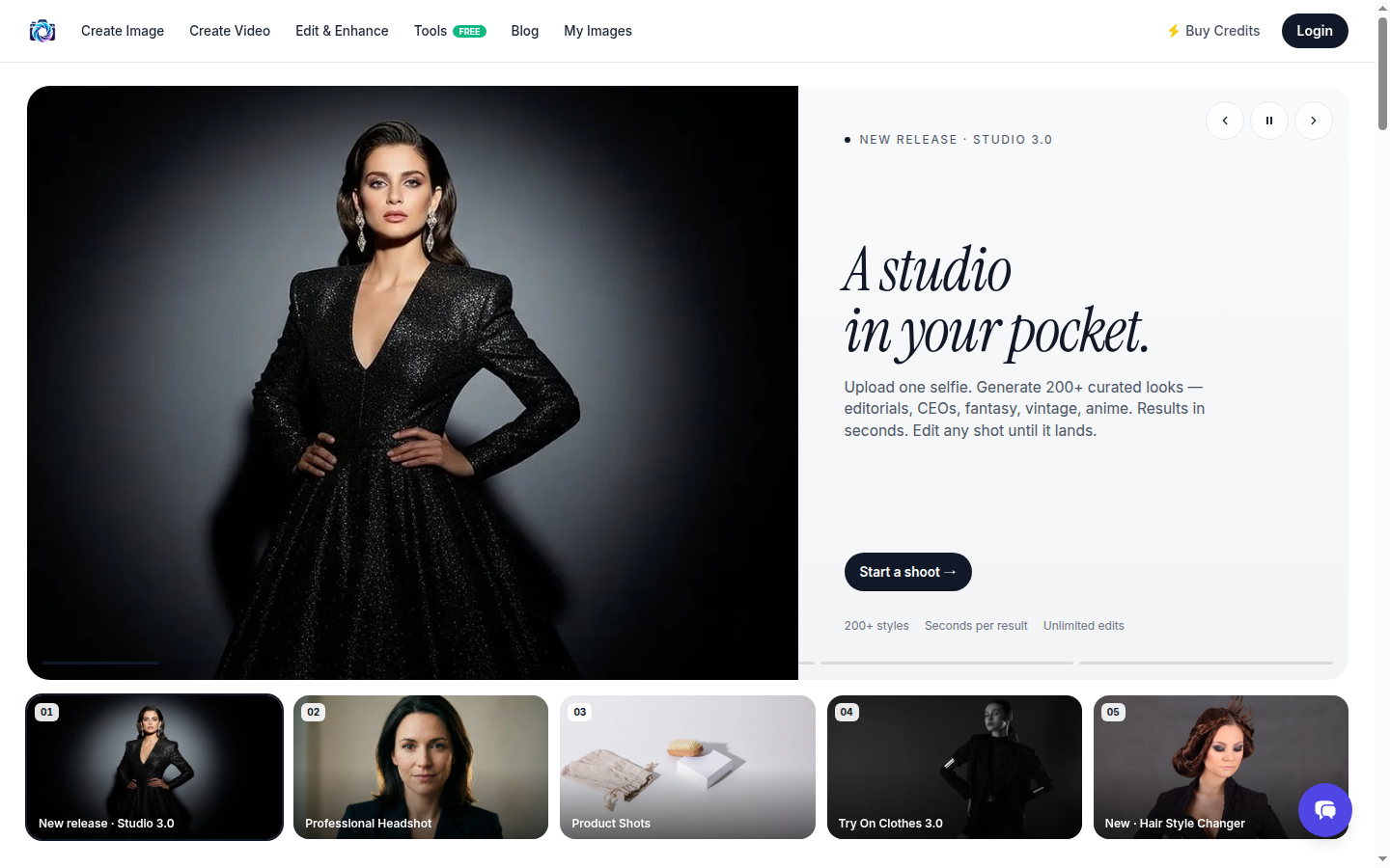 Photo AI Studio homepage showing AI-powered headshot and portrait generation workflow