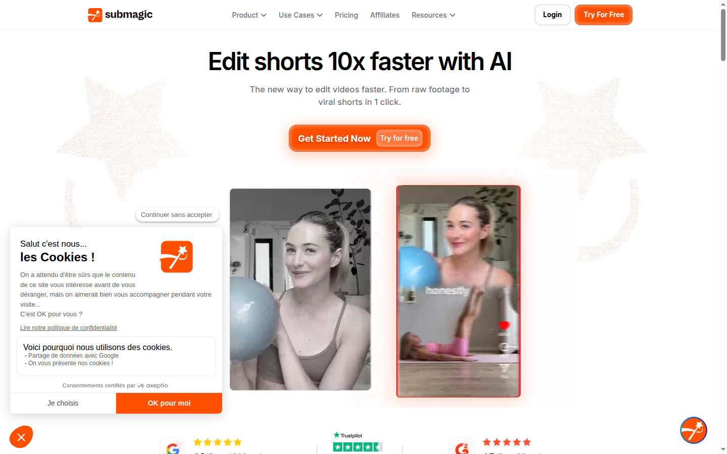 Submagic homepage showing AI caption and subtitle tool for social video