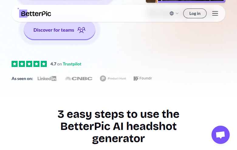 BetterPic homepage — 4.7 Trustpilot rating, featured on LinkedIn, CNBC, Product Hunt and Foundr