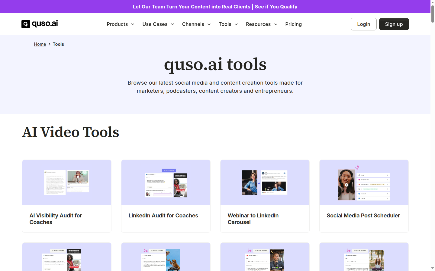 Quso.ai tools page showing AI clip extraction, captioning, scheduling and analytics
