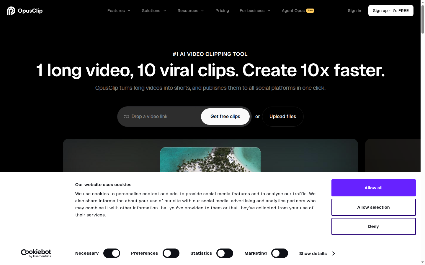 Opus Clip AI video repurposing and clip extraction homepage