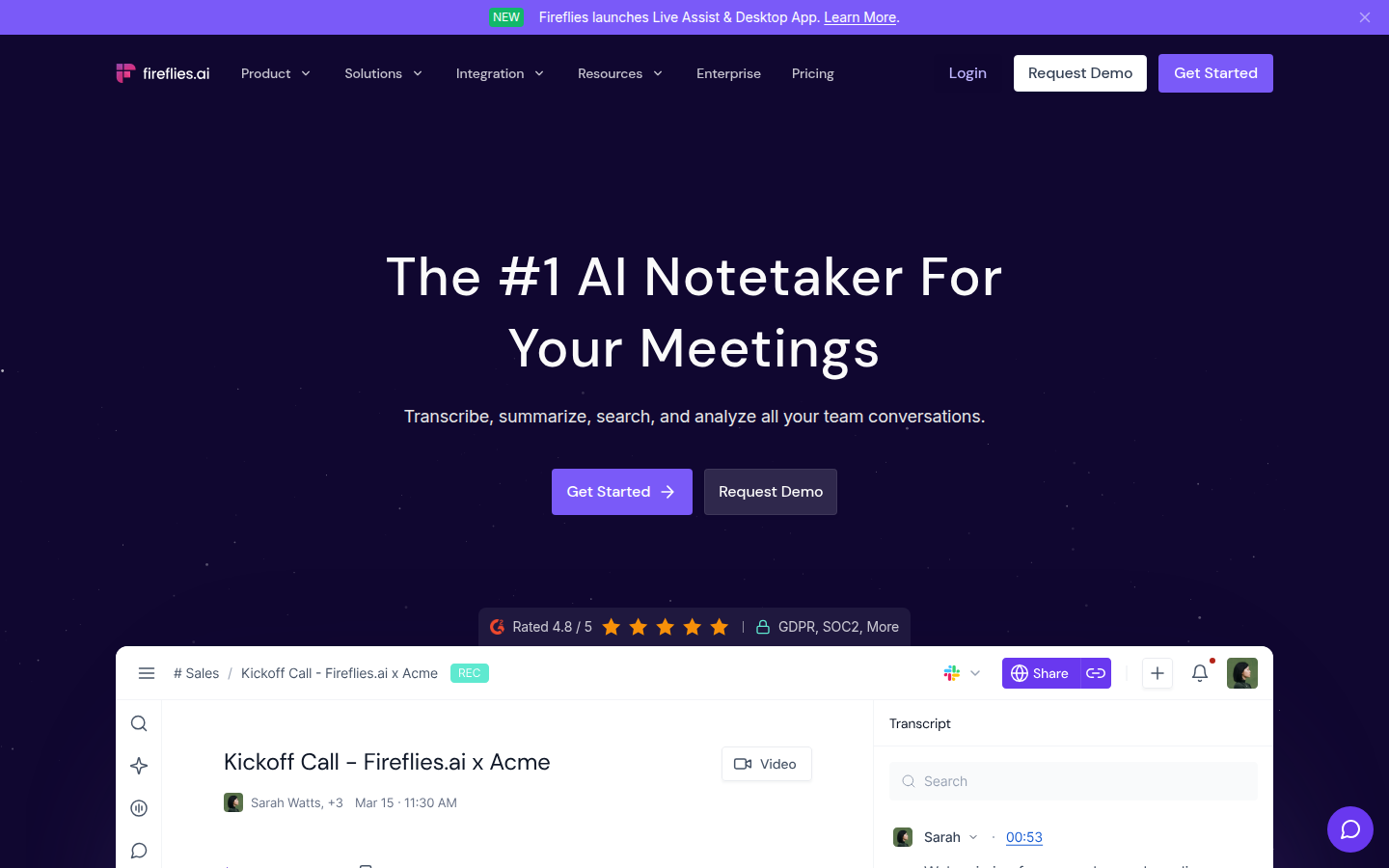Fireflies.ai homepage screenshot