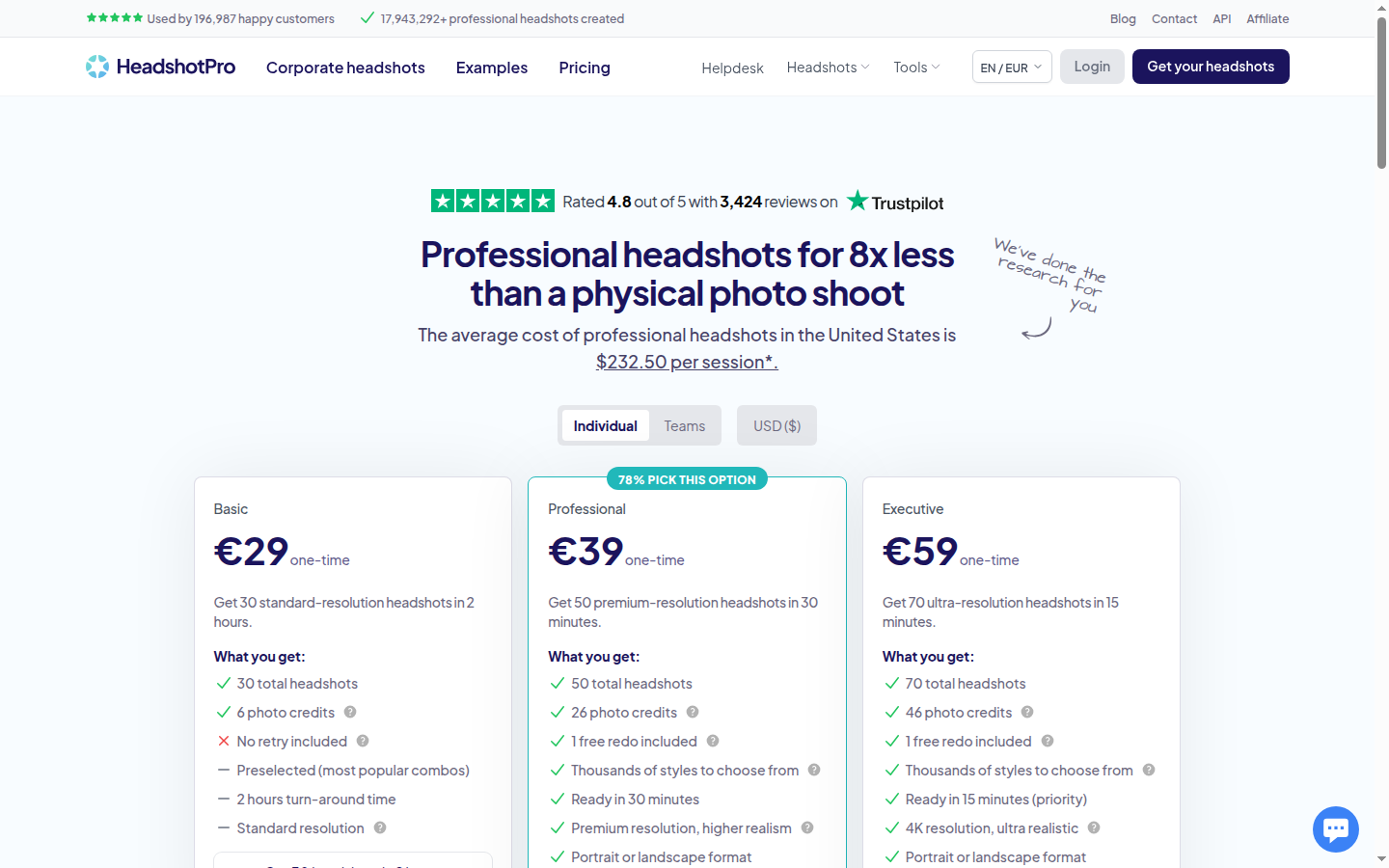 HeadshotPro homepage screenshot