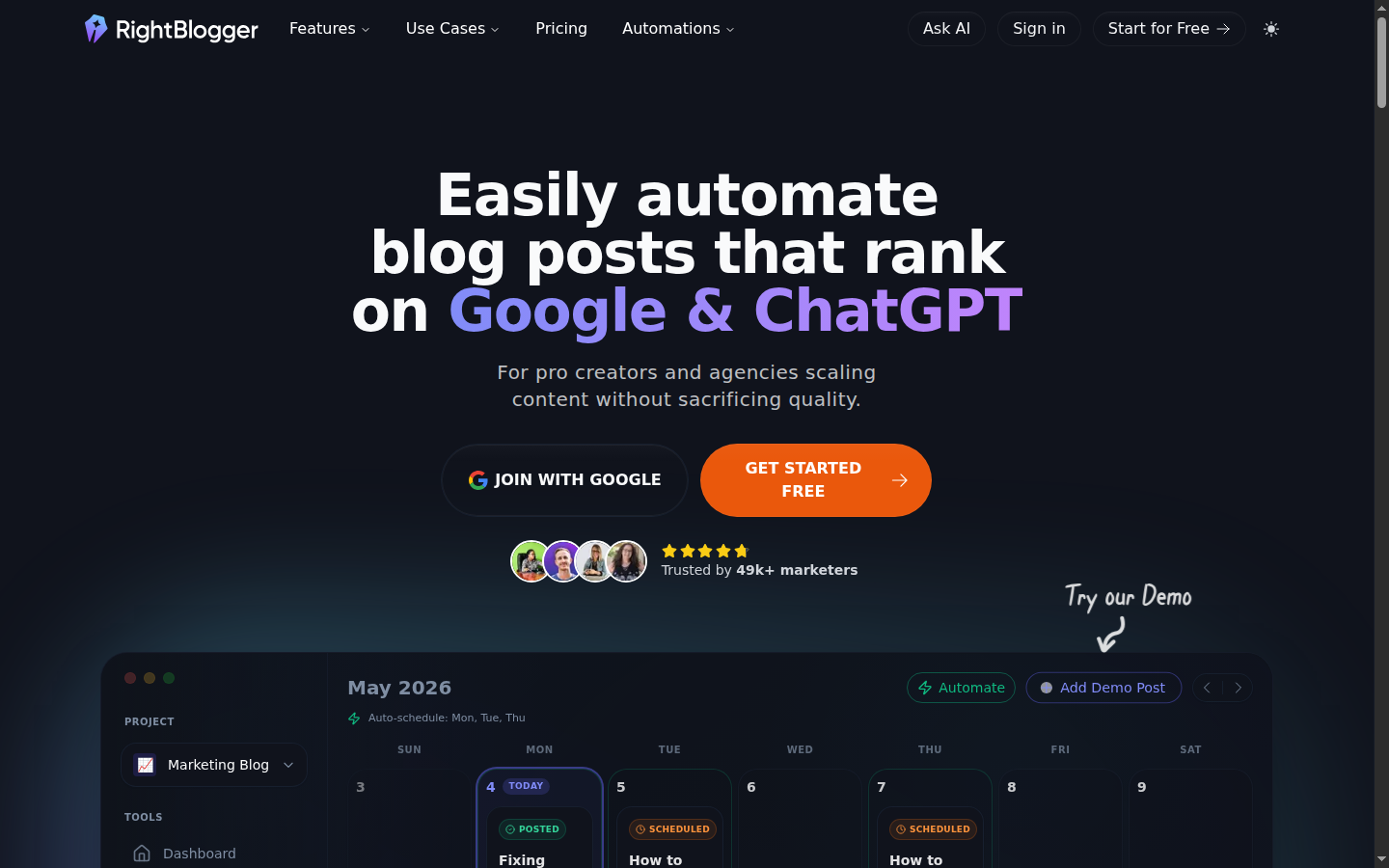RightBlogger homepage showing the all-in-one blog automation suite by Ryan Robinson