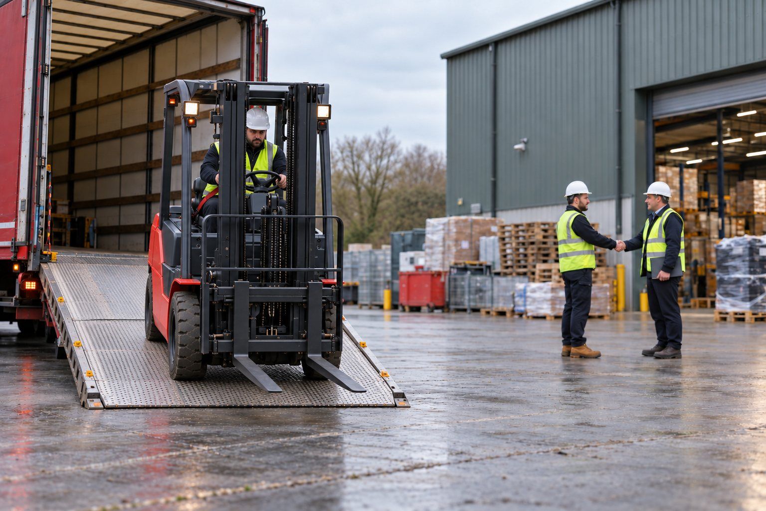A new forklift being delivered down a lorry ramp at a customer's site